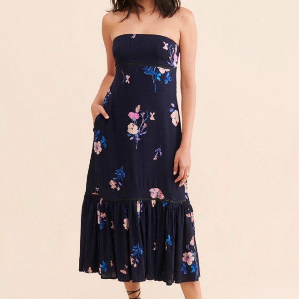 Free People Navy Strapless Floral Midi Dress